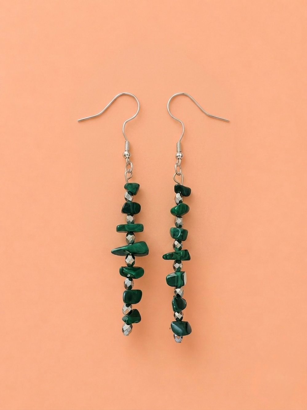 Emerald Chip Drop Earrings with Silver Accents - Women Jewelry